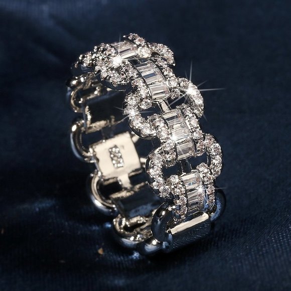 CZ Baguette Ring, Cubic Zirconia Bling Ring, CZ Diamond Full Eternity Pave Ring - Picture 1 of 7